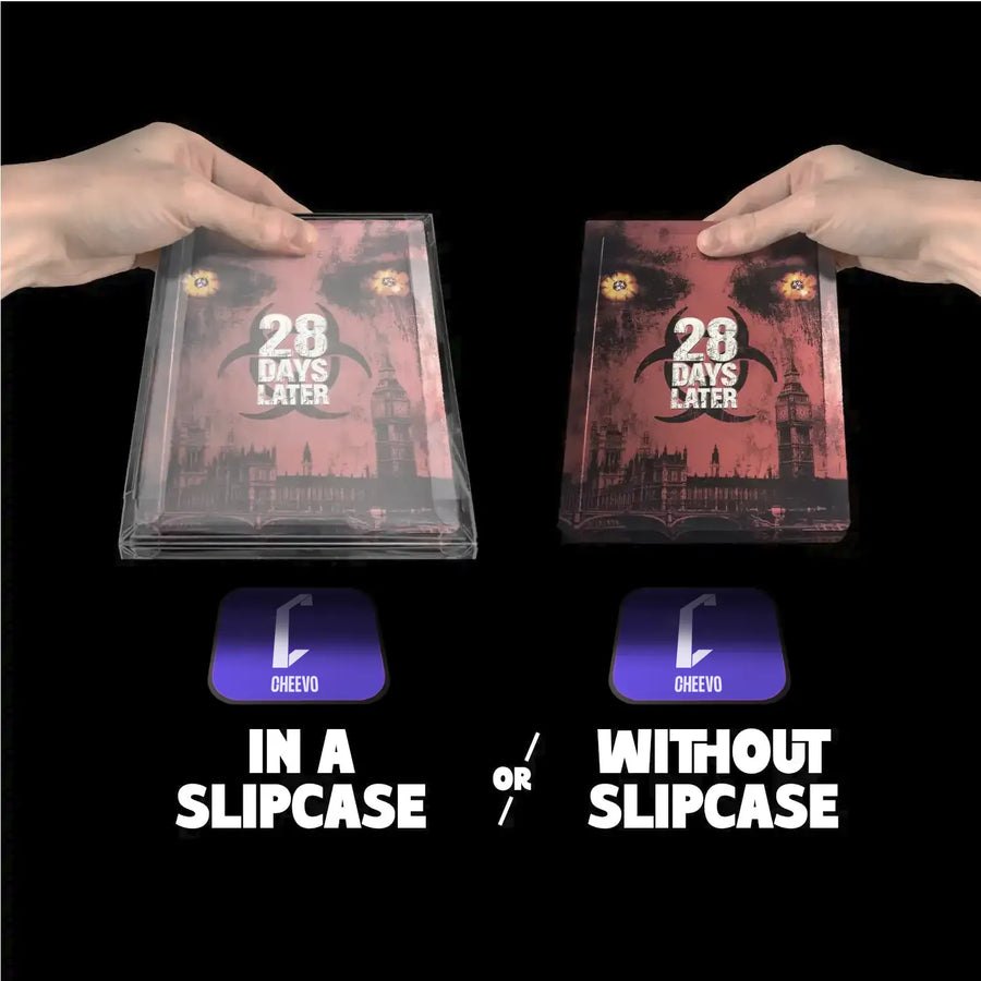 Two hands holding '28 Days Later' DVD cases with slipcase options displayed.