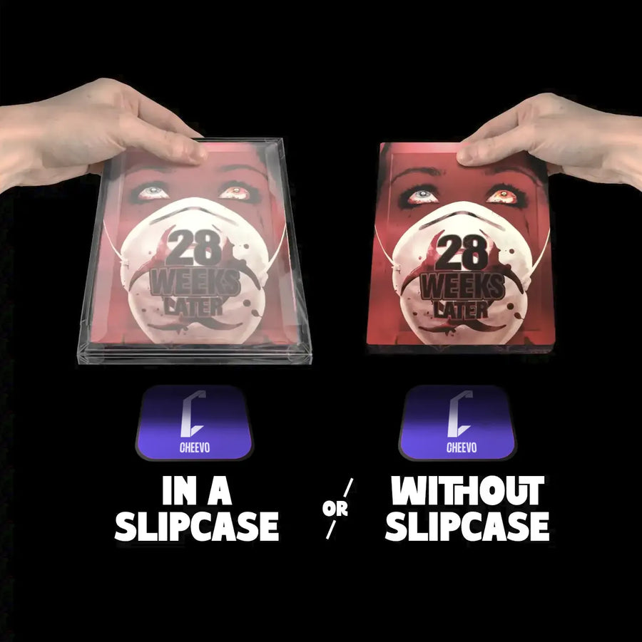 Two hands holding '28 Weeks Later' movie cases with a black background and Chevo logo.