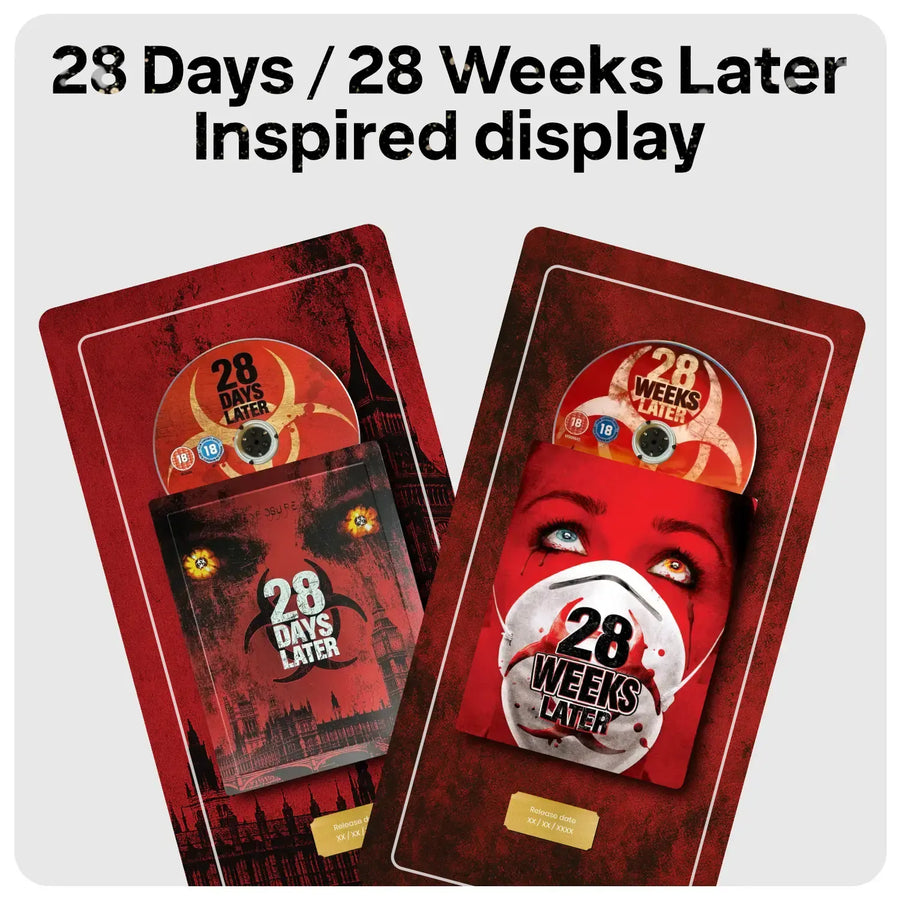 Two 28 Days / 28 Weeks Later steelbook inspired display plates showing movie packaging artwork on a light gray background with headline text at the top.