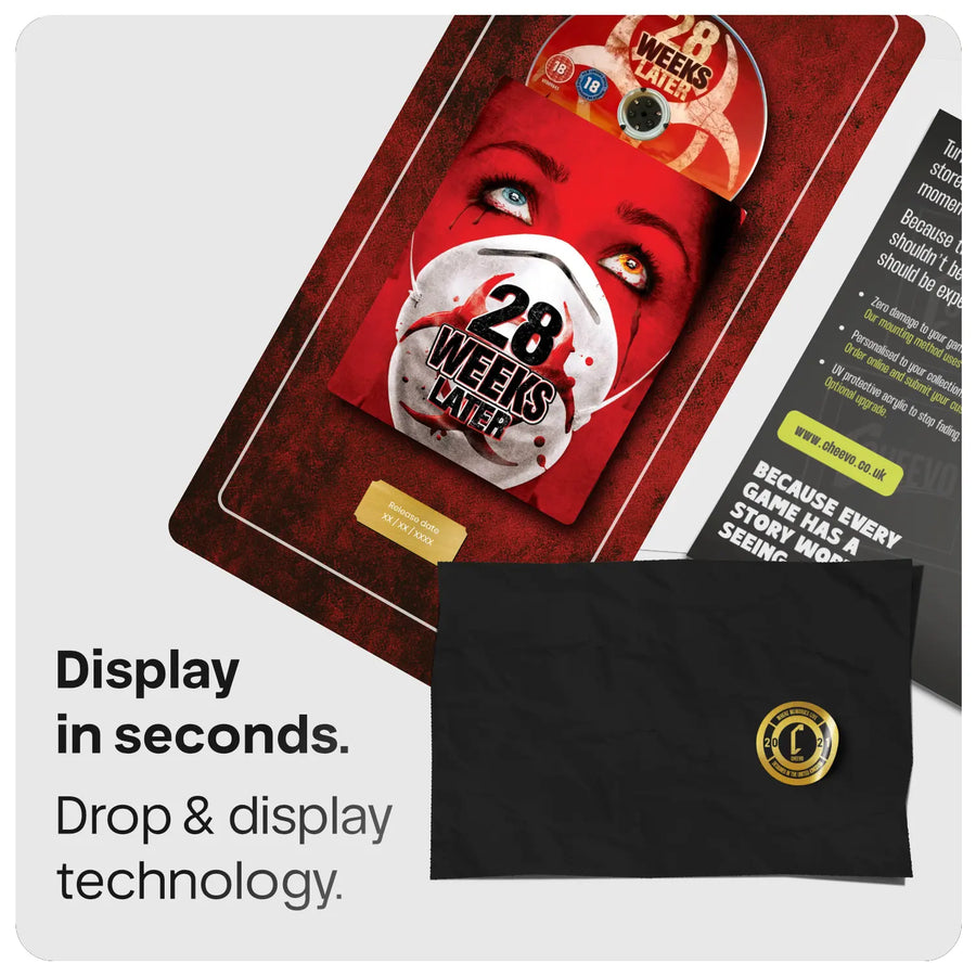 28 weeks later steelbook and movie DVD displayed on a red art background with gold plate