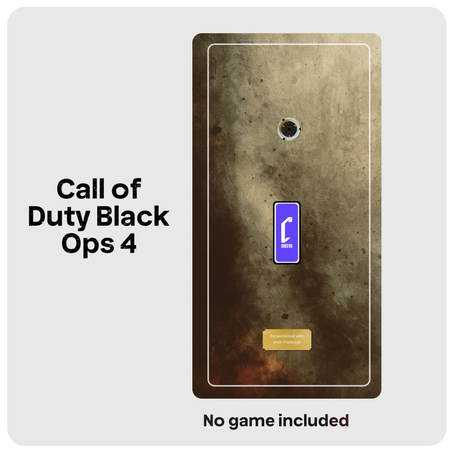 A product mockup for a Call of Duty: Black Ops 4 themed wall decal or art print, showing a distressed dark brown and black textured panel with a purple Cheevo icon and a gold plate. The text 'Call of Duty Black Ops 4' is displayed on the left, and 'No game included' is written at the bottom, all on a light gray background.