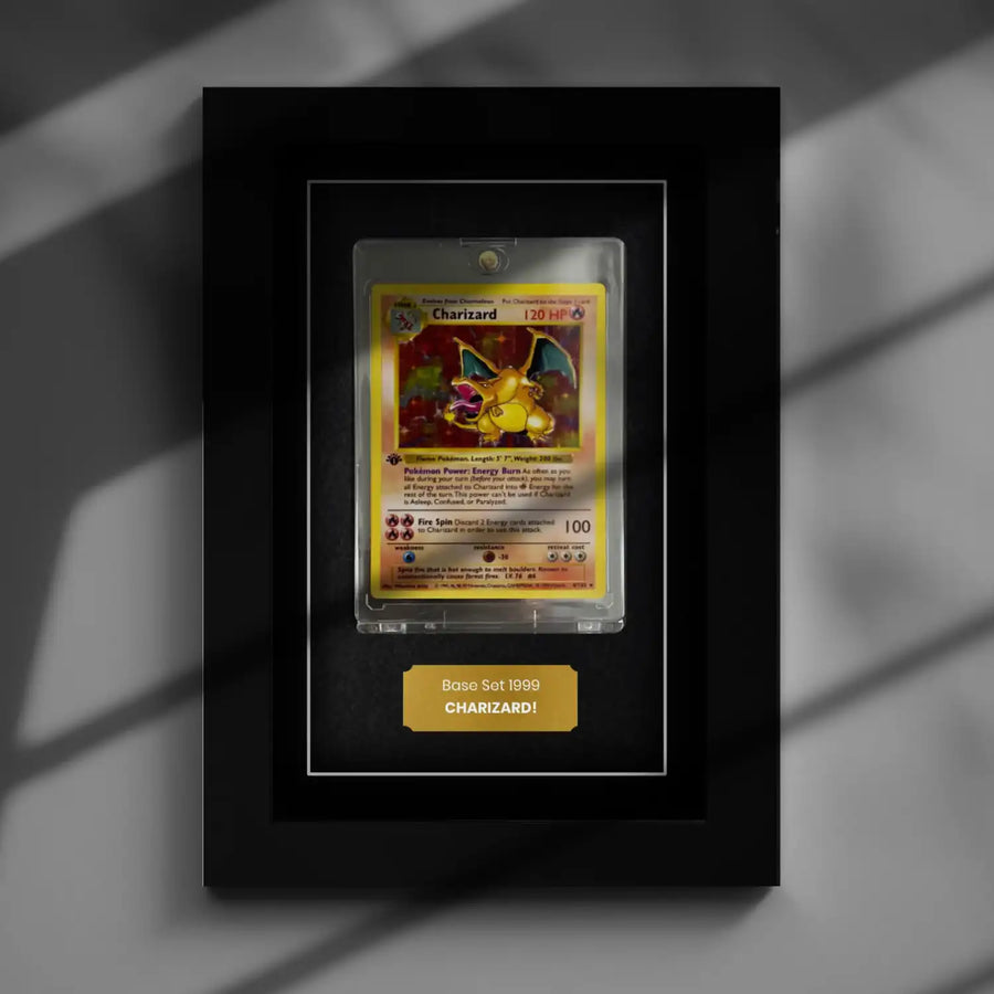 Charizard Holo Pokemon card inside a frame with harsh shadows and contrast. Protect your trading cards from damage and sunlight.