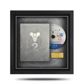 Framed video game disc and case with 'Destiny 2' branding on a white background