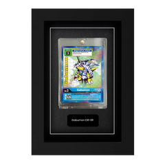Display frame for Digimon trading cards. Display any collector or trading cards in this frame. With 99% UV protective glass to stop fading. Includes a black personalised metal plaque. Display frame for Digimon trading cards. Display any collector or trading cards in this frame. With 99% UV protective glass to stop fading. Includes a black personalised metal plaque.