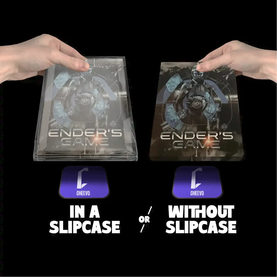 Ender's Game steelbook inside a plastic protective slipcase and then on it's own. Each is being added to a magnetic fixing by someone.