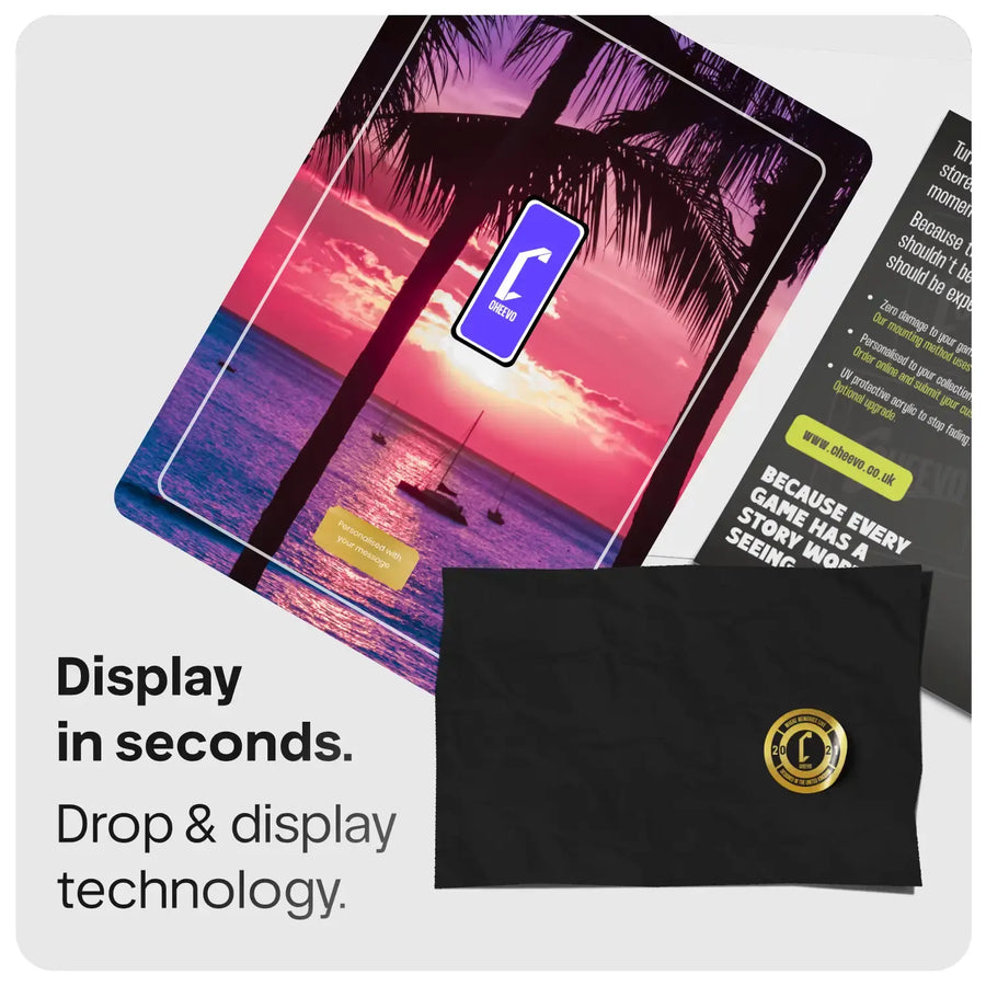 A promotional graphic showing a black gold circular logo, placed beside a plate displaying a tropical sunset screen protector demo and marketing text that reads 'Display in seconds. Drop & display technology.