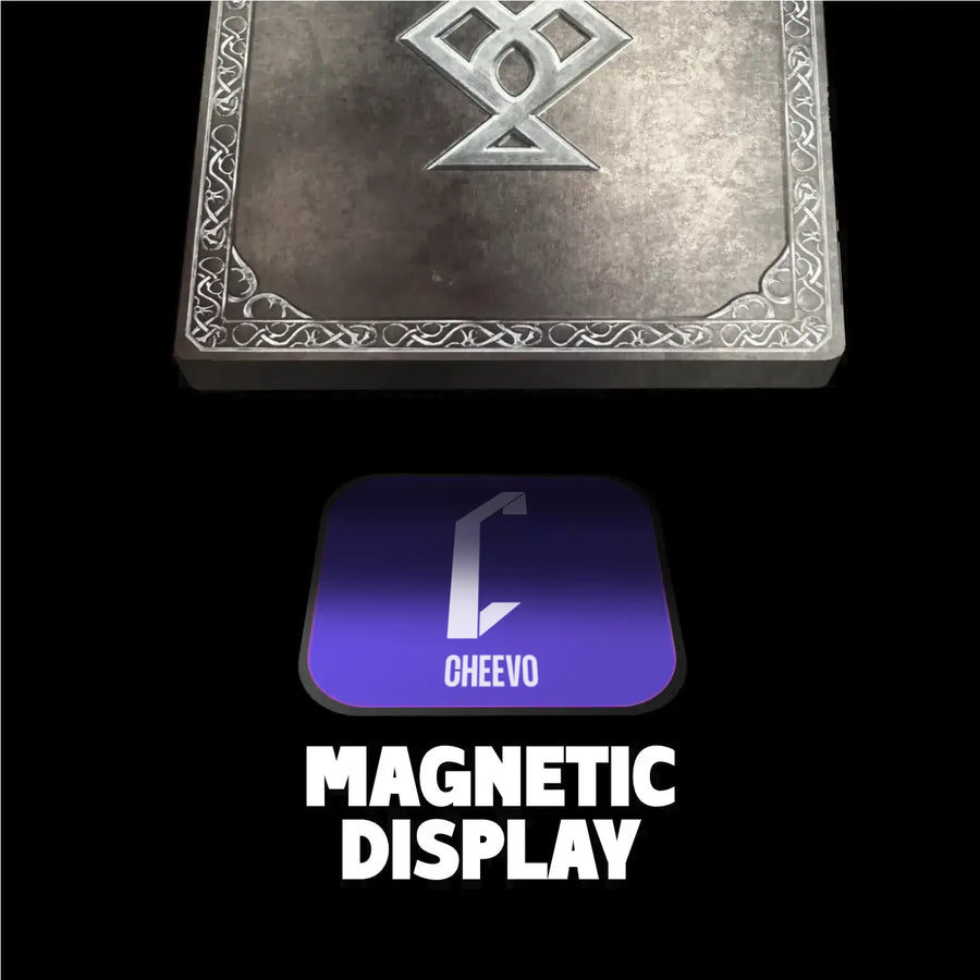 Decorative god of war with a symbol on top of a black background, featuring the brand 'Cheevo'.