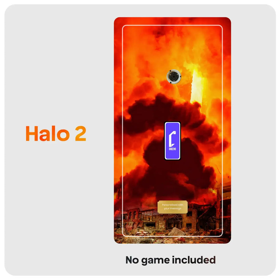 Fiery background art with DVD spindle, purple cheevo logo and gold plate. Text reads Halo 2