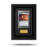 A framed display of a single Magic: The Gathering card with a black background, glass cover, and a magnetic card holder.