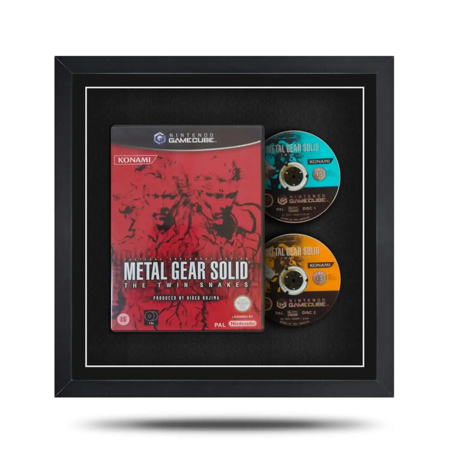 Frame a video game. Magnetic display frame showing a Nintendo Gamecube case and disc