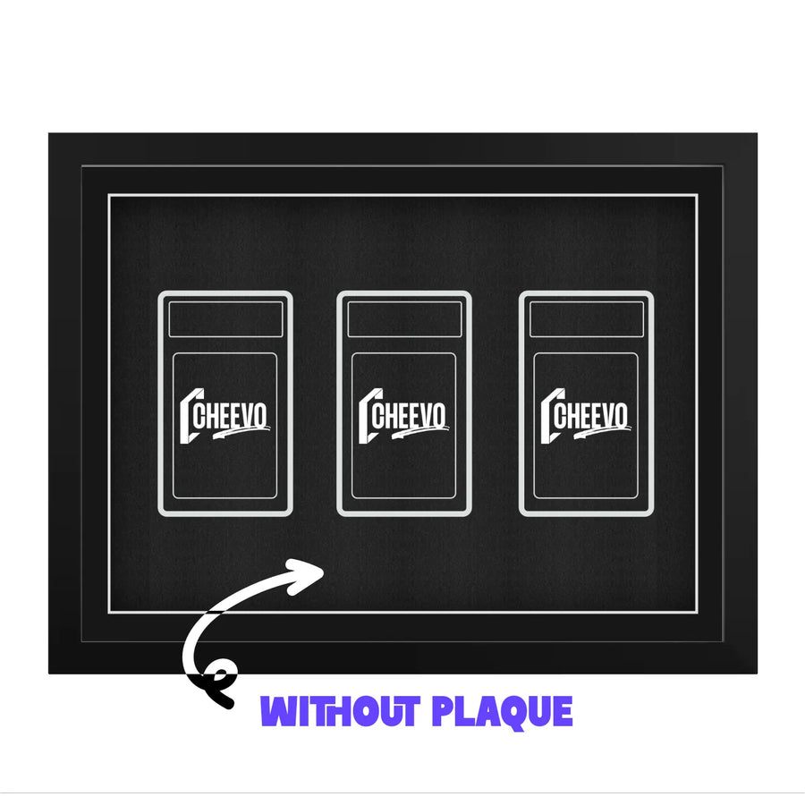 Cheevo Ltd picture frame showing the placement of 3 graded cards