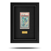 Framed collectible card with a PSA grading label on a white background