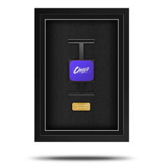 Black framed trading card display with a purple Cheveo logo and gold text on a white background Black framed trading card display with a purple Cheveo logo and gold text on a white background