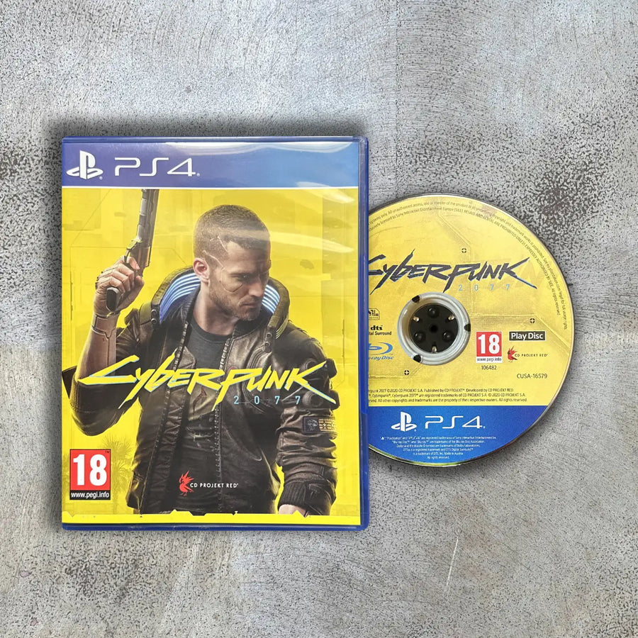 Cyberpunk 2077 game case and disc on a gray surface