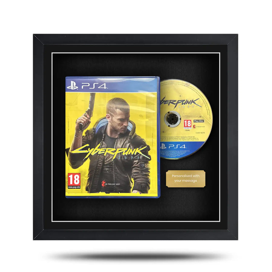 Frame a video game. Magnetic display frame showing a Playstation 4 (PS4) case and disc