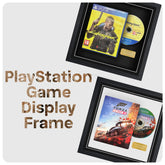 Two black PlayStation game display frames shown on a light gray background, each containing a game case and a game disc. Large text on the left reads 'PlayStation Game Display Frame.