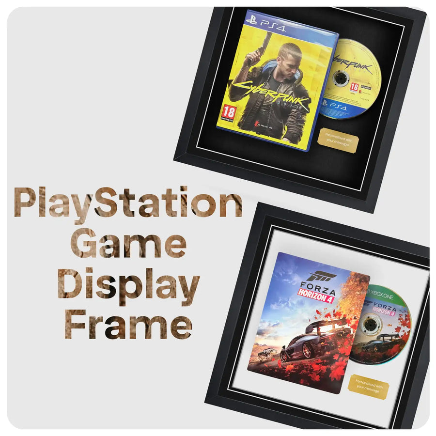 Two black PlayStation game display frames shown on a light gray background, each containing a game case and a game disc. Large text on the left reads 'PlayStation Game Display Frame.
