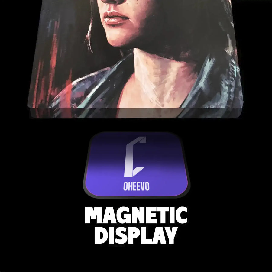 Magnetic display for a ps4 steelbook and Cheevo logo on a black background