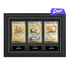 Pokemon trading card display frame suitable for three different cards. All base set and future pokemon cardboard cards. Jolteon, Vaporeon, Flareon inside displayed in a rigid plastic case with a plaque that has a message. Pokemon trading card display frame suitable for three different cards. All base set and future pokemon cardboard cards. Jolteon, Vaporeon, Flareon inside displayed in a rigid plastic case with a plaque that has a message.