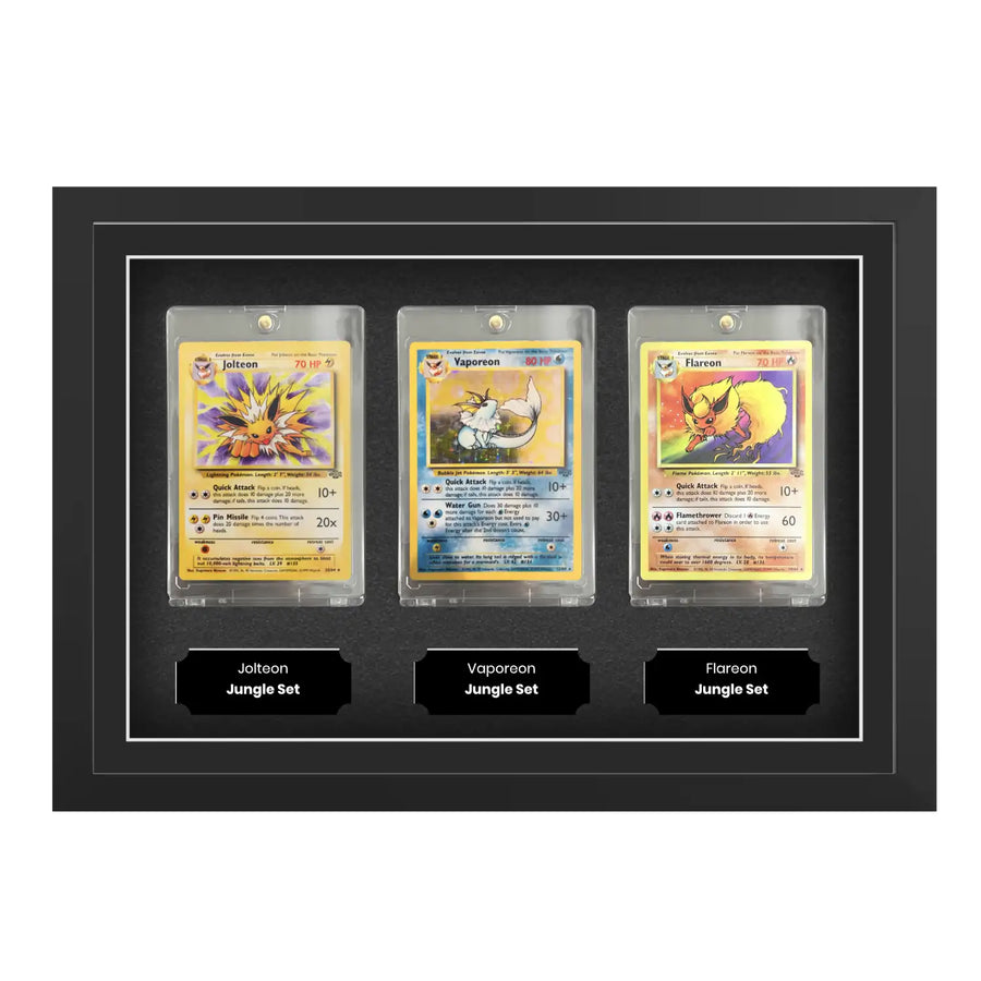 Pokemon trading card display frame suitable for three different cards. All base set and future pokemon cardboard cards. Jolteon, Vaporeon, Flareon inside displayed in a rigid plastic case with a plaque that has a message.