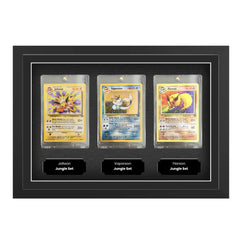 Pokemon trading card display frame suitable for three different cards. All base set and future pokemon cardboard cards. Jolteon, Vaporeon, Flareon inside displayed in a rigid plastic case with a plaque that has a message. Pokemon trading card display frame suitable for three different cards. All base set and future pokemon cardboard cards. Jolteon, Vaporeon, Flareon inside displayed in a rigid plastic case with a plaque that has a message.