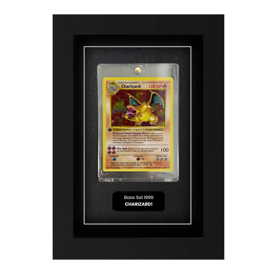 Pokemon trading card display frame suitable for all base set and future pokemon cardboard cards. Charizard inside displayed in a rigid plastic case with a plaque that has a message.