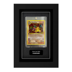 Pokemon trading card display frame suitable for all base set and future pokemon cardboard cards. Charizard inside displayed in a rigid plastic case with a plaque that has a message. Pokemon trading card display frame suitable for all base set and future pokemon cardboard cards. Charizard inside displayed in a rigid plastic case with a plaque that has a message.