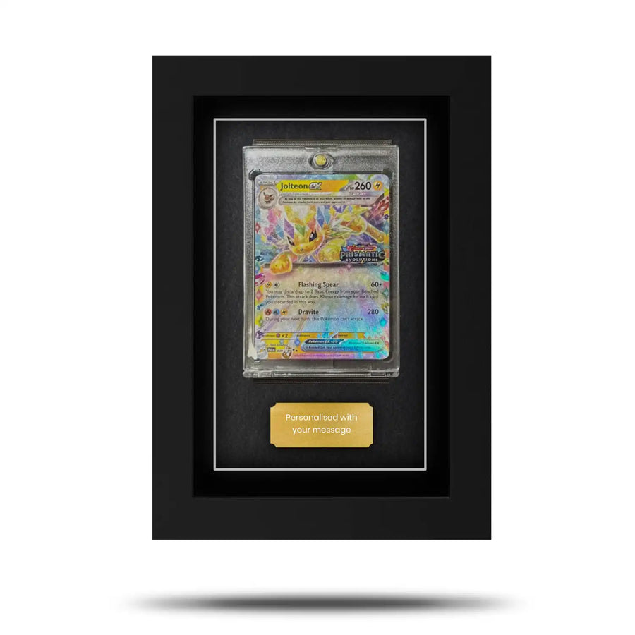 Pokemon trading card display frame suitable for all base set and future pokemon cardboard cards. Charizard inside displayed in a rigid plastic case with a gold plaque that has a message.