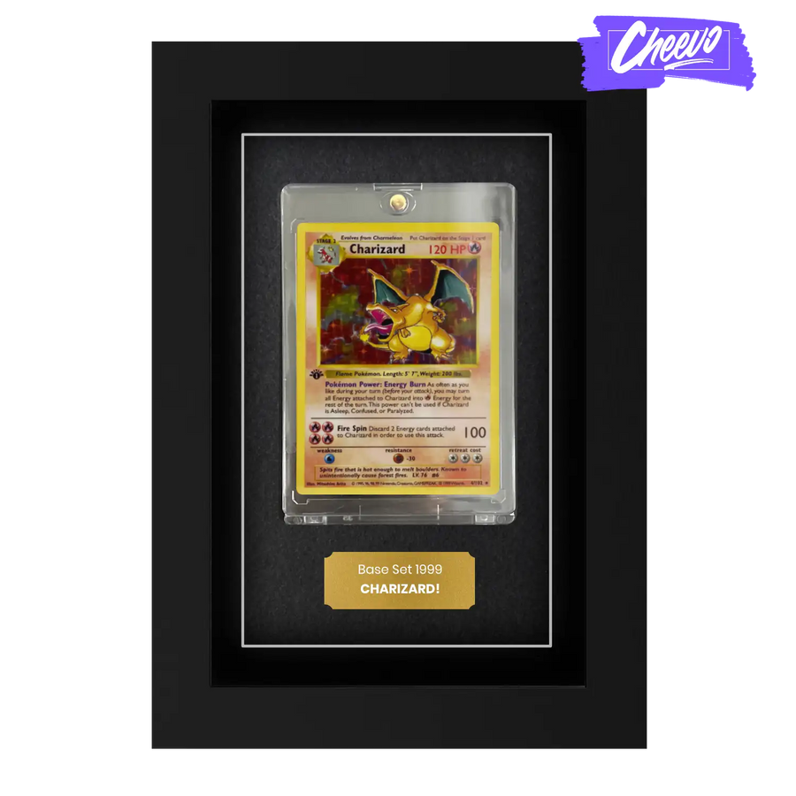 Pokemon trading card display frame suitable for all base set and future pokemon cardboard cards. Charizard inside displayed in a rigid plastic case with a gold plaque that has a message.
