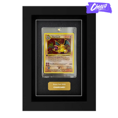 Pokemon trading card display frame suitable for all base set and future pokemon cardboard cards. Charizard inside displayed in a rigid plastic case with a gold plaque that has a message. Pokemon trading card display frame suitable for all base set and future pokemon cardboard cards. Charizard inside displayed in a rigid plastic case with a gold plaque that has a message.