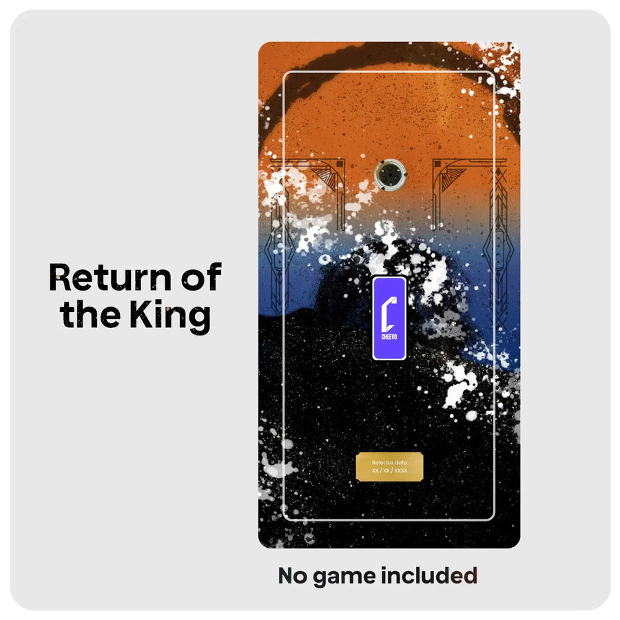 A graphic design featuring an orange and blue gradient sky, a black silhouette, white splatter details, and a purple in-game style logo. Text on the left reads 'Return of the King' and text at the bottom says 'No game included' on a light gray background.