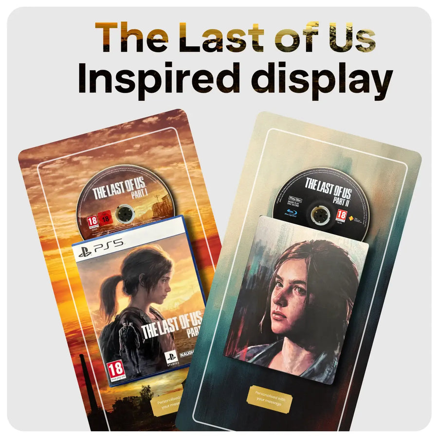 Two The Last of Us Part I and Part II games with PS5 game cases and discs, shown on a light gray background with the headline 'The Last of Us Inspired display'.