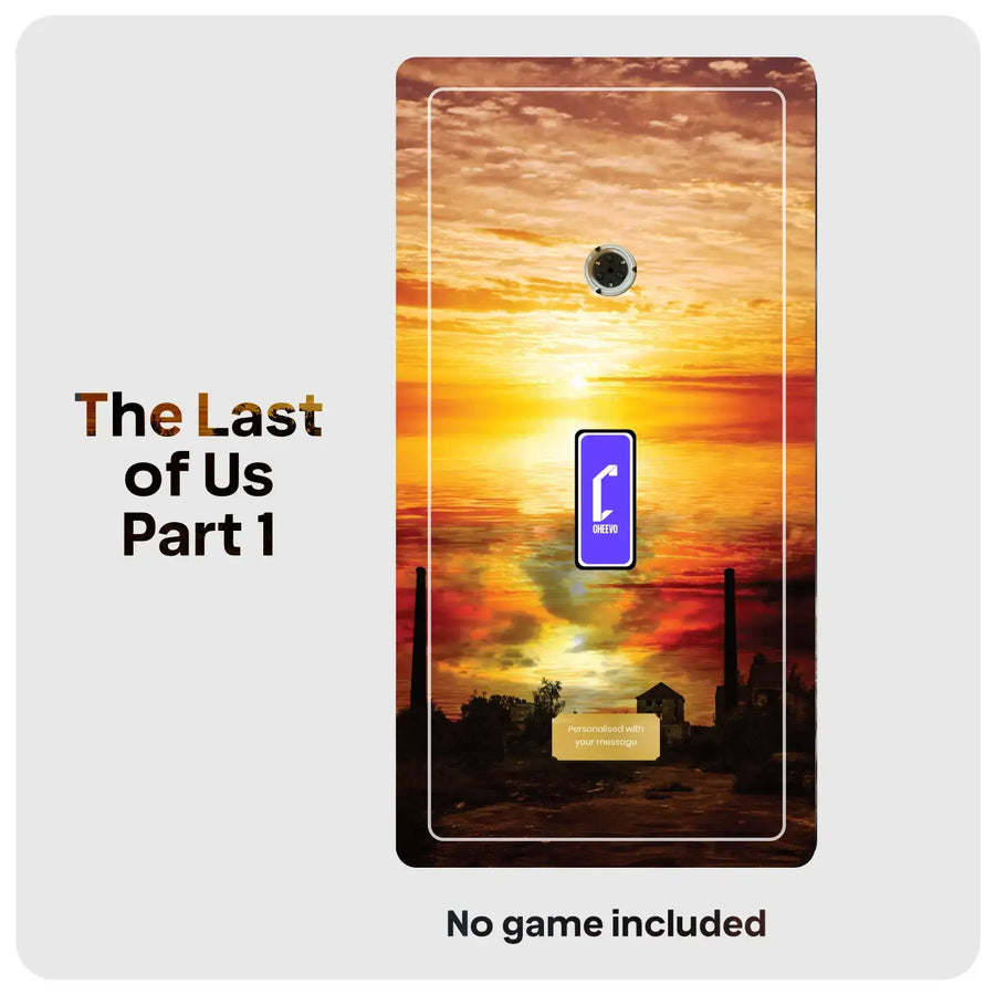 Sunset artwork and buildings with DVD spindle, purple Cheevo logo and gold plate. Text reads The Last of Us Part 1