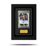 A framed Topps Chrome UFC card displayed within a protective case with a black background, featuring an image of a UFC fighter.