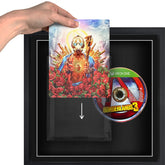 A person holding a Xbox One video games sliding it into a plastic protective case, in a frame.