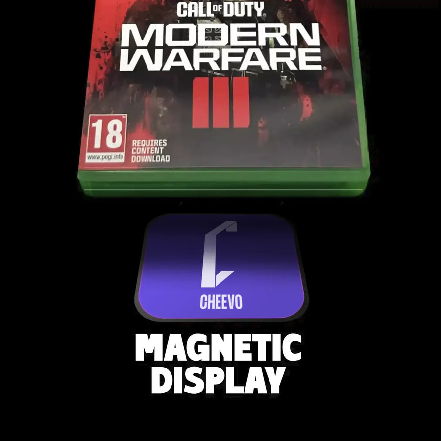 Call of Duty: Modern Warfare III game case with a Cheevo magnetic display on a black background