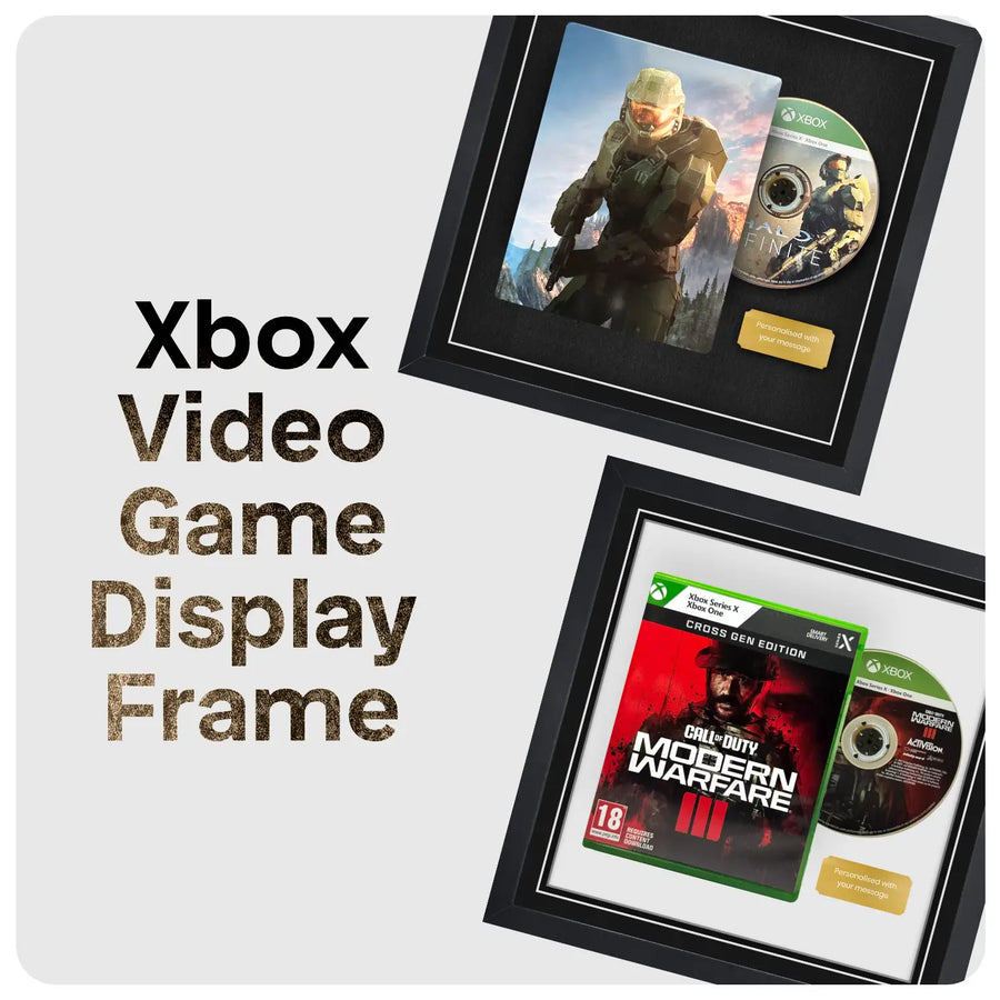 Xbox video games inside a picture frame. Shows Halo Infinite and COD Modern Warefare