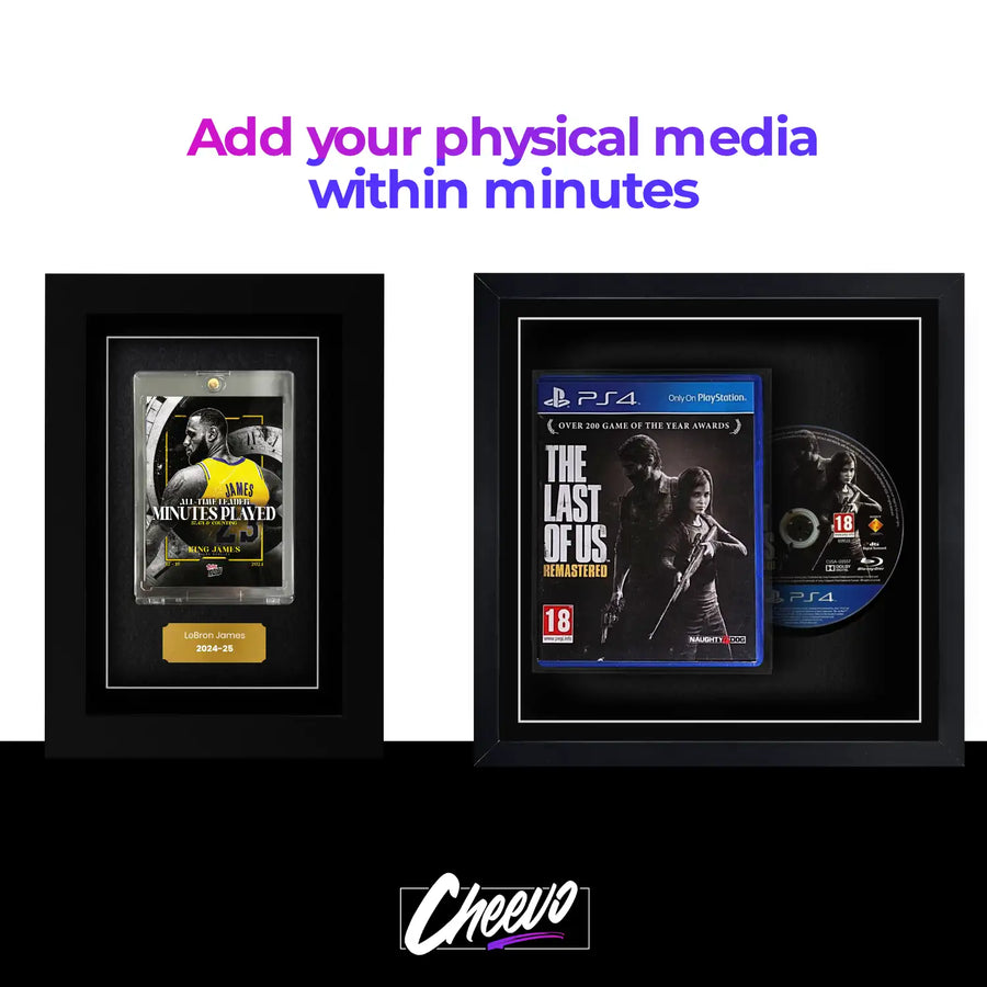 Frame any item within minutes. Video games, movies, cards, comics inside a frame. Create a display for your games room without damaging or gluing items into the frame.