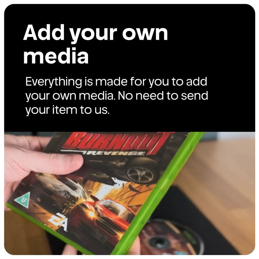 A hand holds a green Xbox One game case for Burnout Revenge, with a black text banner above reading 'Add your own media' and explanatory white text about adding custom media.