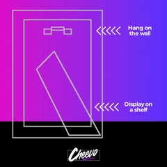 Hang your frame on the wall or display it on a shelf at your convenience. Cheevo framed display options let you present your physical media anywhere you wish. Hang your frame on the wall or display it on a shelf at your convenience. Cheevo framed display options let you present your physical media anywhere you wish.