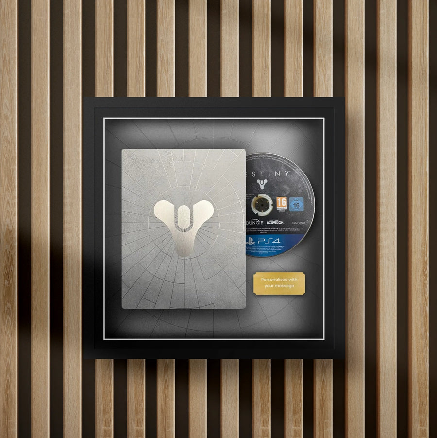 destiny steelbook display frame with full colour background on a slat wall