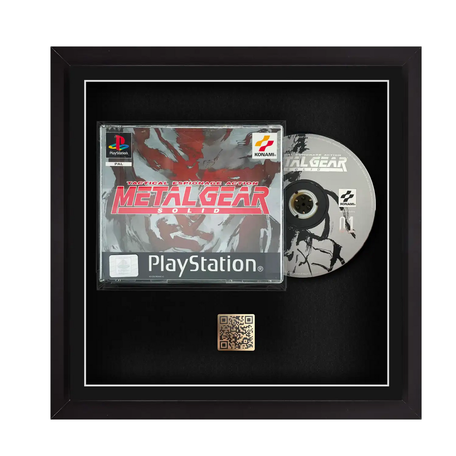 Frame a video game. Your PlayStation 1 video game 2-disc set displayed within this square frame, featuring a spindle for safely attaching and removing the game discs.