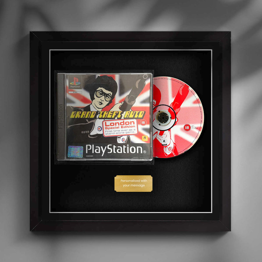 Frame a video game playstation 1 ps1 display with the Cheevo frames. Lifestyle image of the frame hanging on the wall with a god personalised plaque.