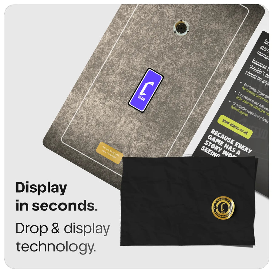 Grunge metal effect artwork with a purple rectangle with a Cheevo logo inside.