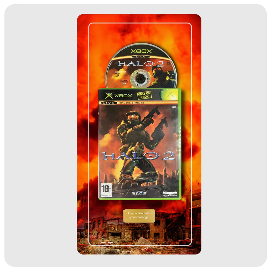 Xbox Halo 2 game case and disc presented on a custom red-orange fiery backing card with a gold personalized nameplate, centered on a light gray background.