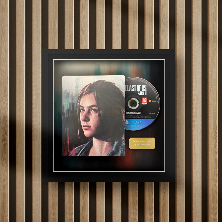 last of us part 2 steelbook display frame with full colour background on a slat wall