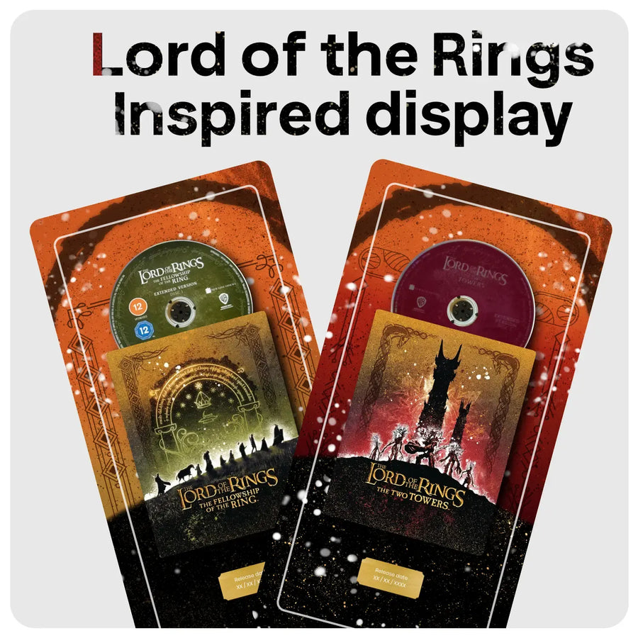 Two Lord of the Rings themed display plates with embedded discs and artwork, shown on a light gray background with the headline 'Lord of the Rings Inspired display' at the top.