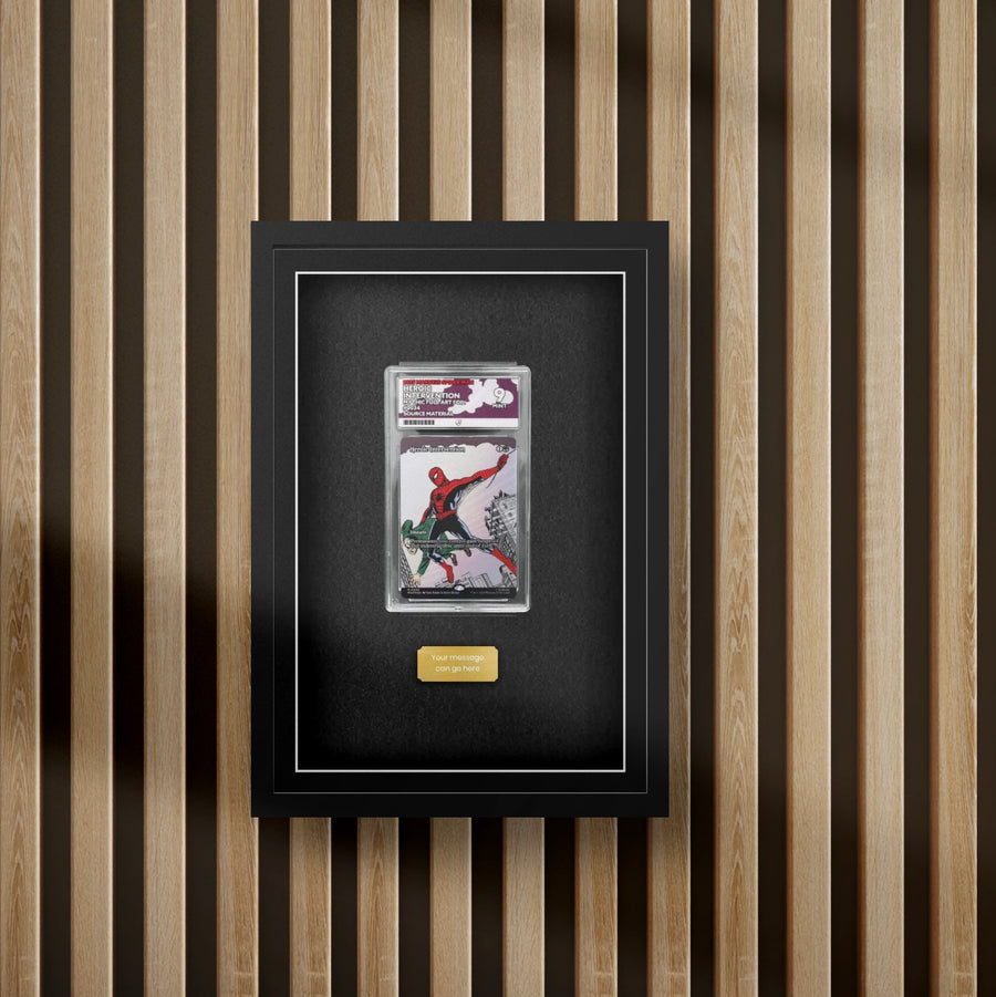 Magic the gathering graded trading card display frame on a slat wall