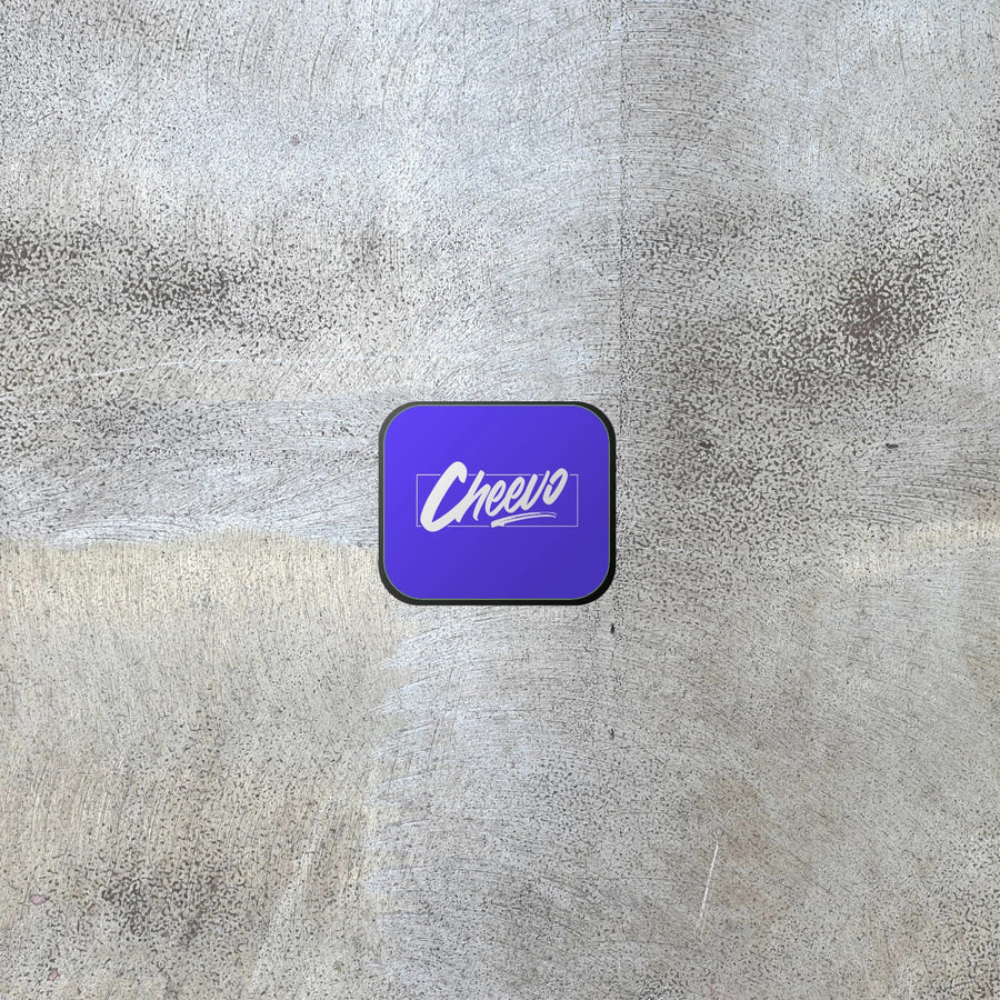 Purple square wall display device with 'Cheero' logo on a textured gray background