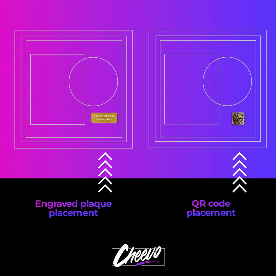 Personalised plaque and QR code placement inside of the Cheevo display frame